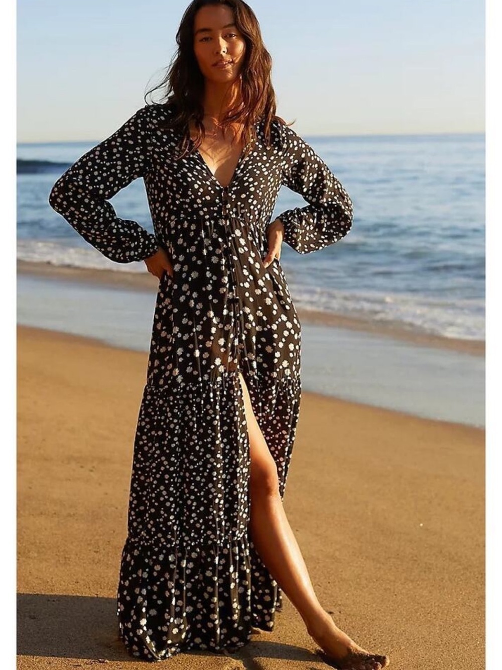 Maaji Luna Ditsy Daisy Convertible Maxi Cover Up Dress Black Large